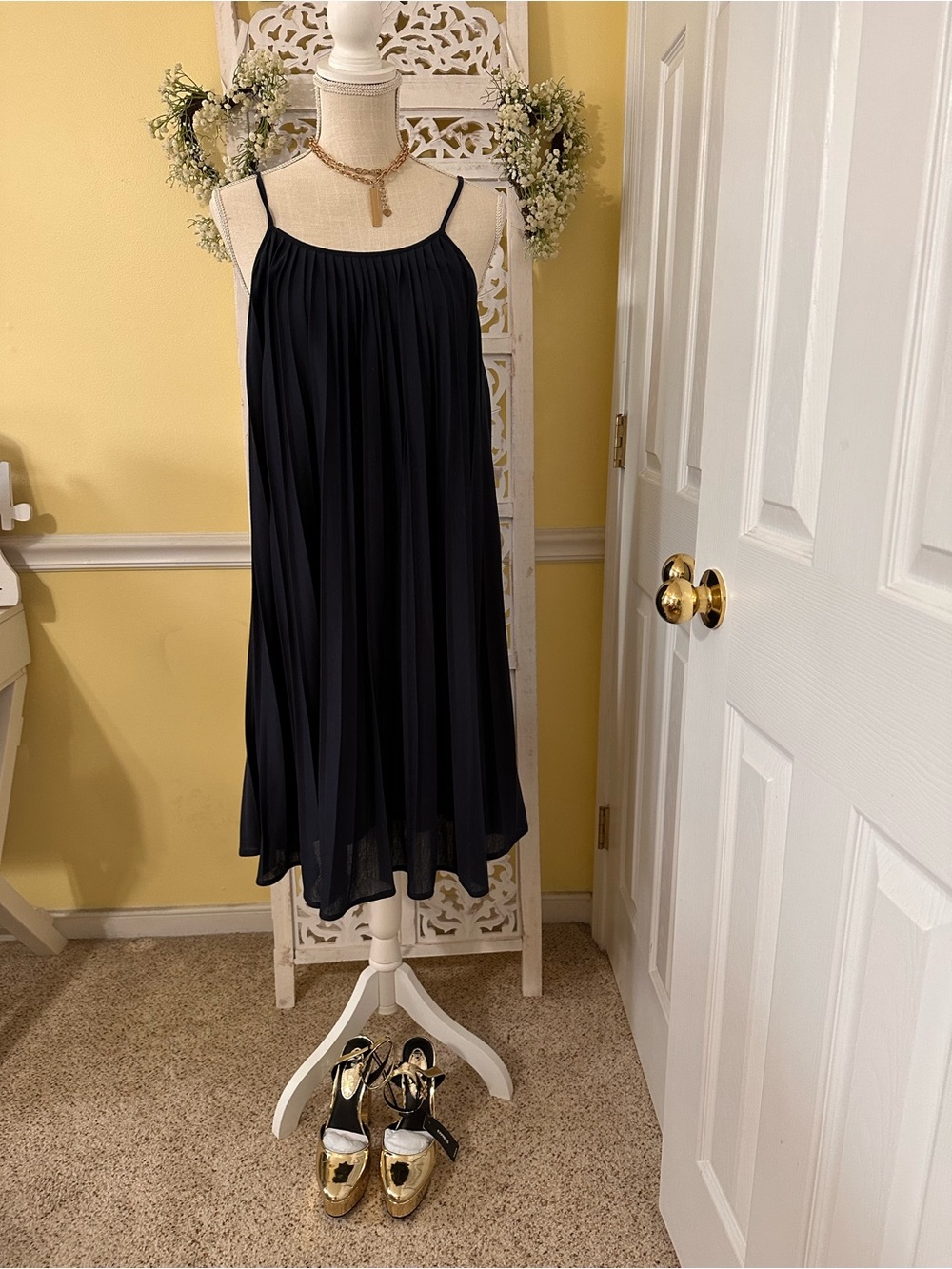 LOFT Navy Pleated Midi Slip Dress